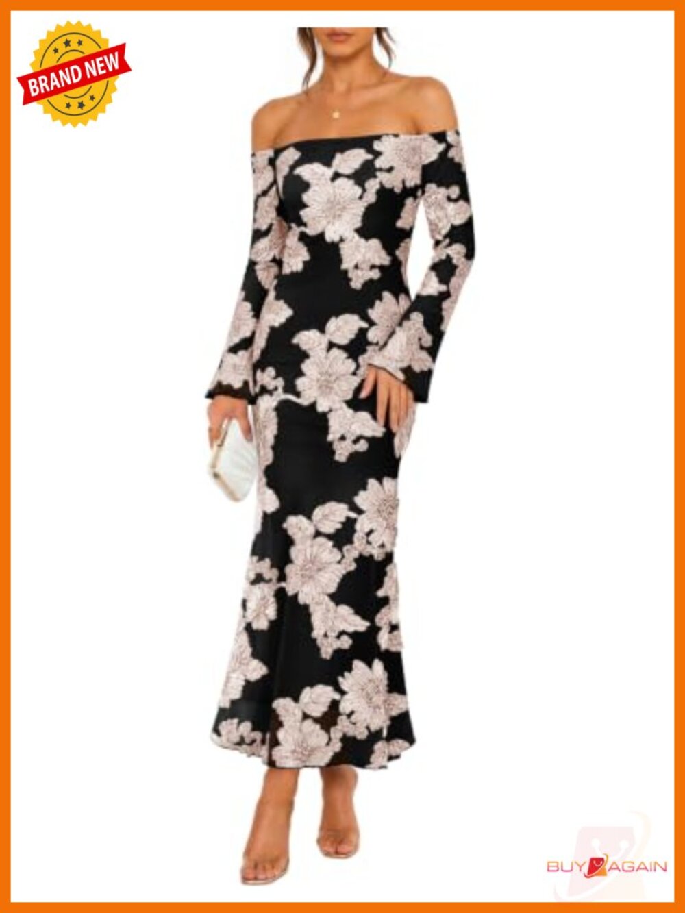 Off Shoulder Floral Mesh Maxi Dress Long Sleeve Formal Wedding Guest